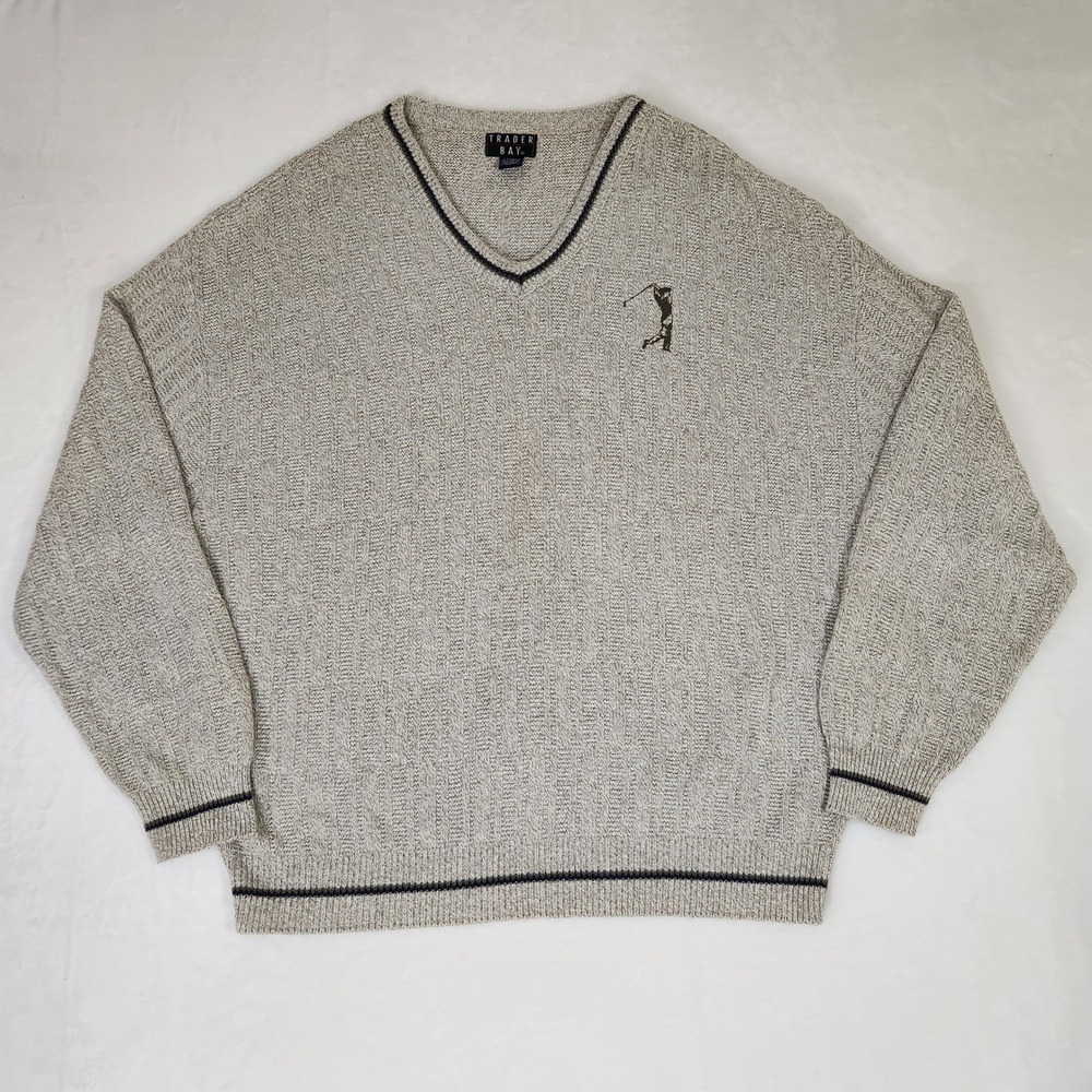 Trader Bay Mens 2XL V-Neck Golf Sweater Oatmeal Tan Knit Embroidered Made in USA